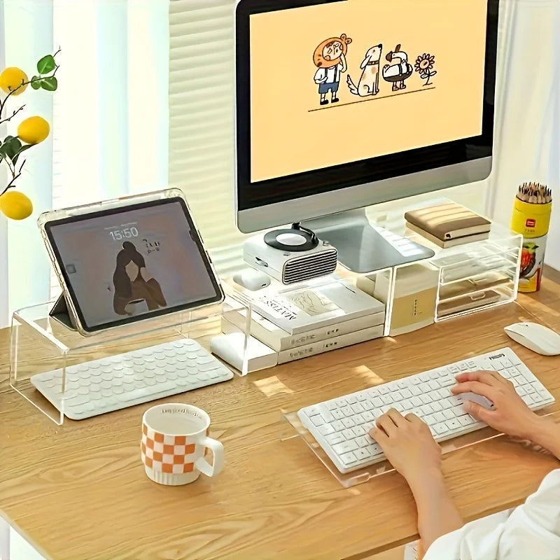 Acrylic keyboard stand holding a white keyboard and mouse on a wooden desk with a computer monitor in the background
