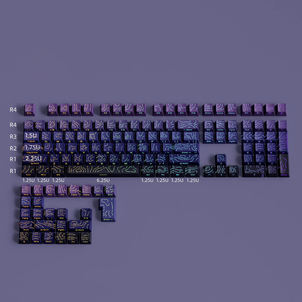 Colección de keycaps con degradado morado y azul para teclado mecánico, organizadas por fila y etiquetadas de R1 a R