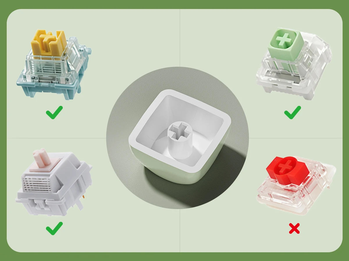 A set of bright green dye-sublimated PBT keycaps for mechanical keyboards shown in various plastic holders.