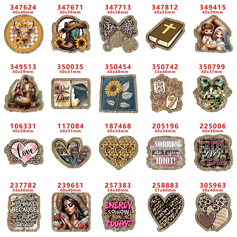A collection of ten faith-themed acrylic hairbows featuring various religious symbols and designs.