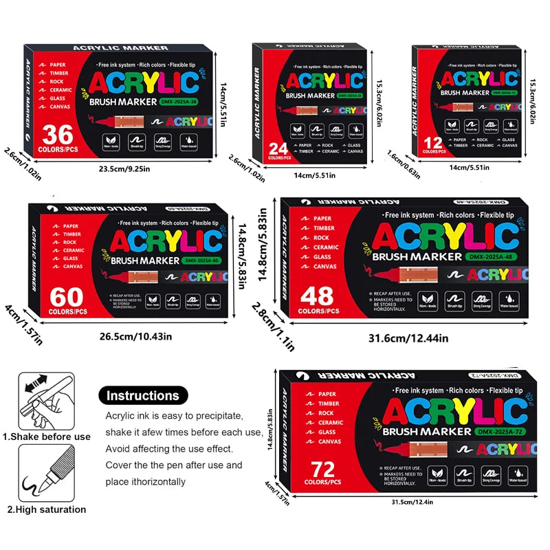 Set of acrylic brush markers with various colors and tips for DIY crafts