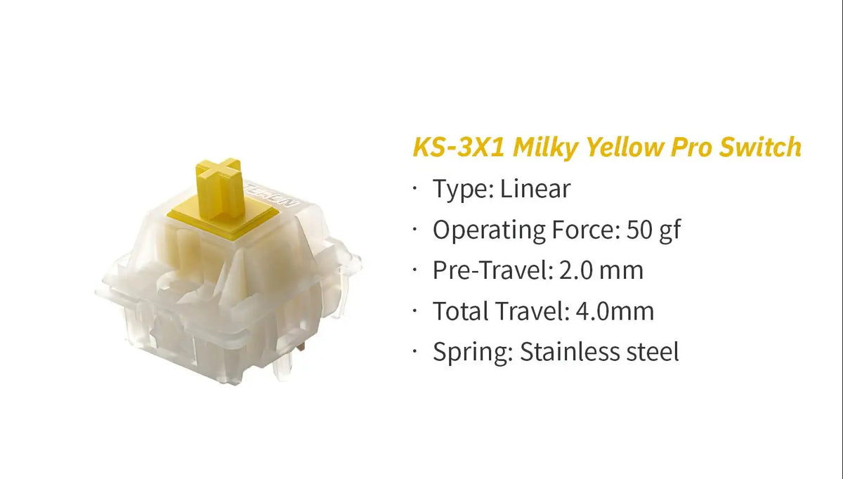 A close-up view of a yellow linear mechanical keyboard switch labeled KS-3X1 Milky Yellow Pro Switch.