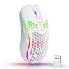 A white gaming mouse with a translucent pink and green accent, shown against a white background.