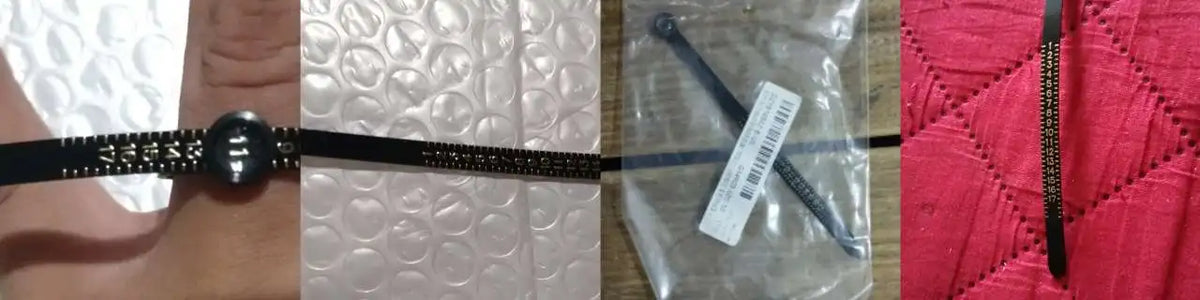 A precision ring sizer and gauge tool is shown next to a black strap on a pink textured fabric.