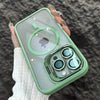 A hand holds a light green MagSafe-compatible phone case featuring a built-in camera bracket and lens cover.