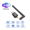 A black dual-band USB Wi-Fi adapter with an antenna and various technical specifications listed below it.