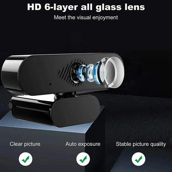 A black HD 6-layer all glass lens webcam is shown with features like clear picture, auto exposure, and stable picture quality