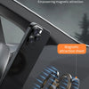 A smartphone is shown being retrieved and placed using a magnetic attraction sheet on a car interior surface.