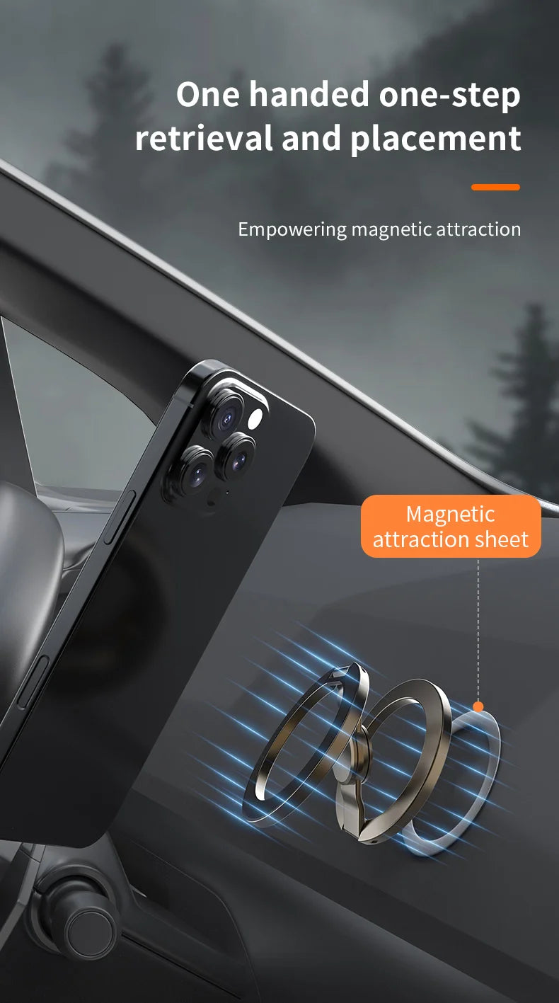 A smartphone is shown being retrieved and placed using a magnetic attraction sheet on a car interior surface.