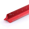 A red aluminum triangular scale ruler showing markings up to 3 centimeters.