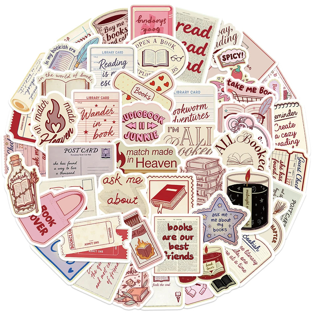 A collection of colorful, hand-drawn bookish aesthetic graffiti stickers featuring words like read books and wandering in boo