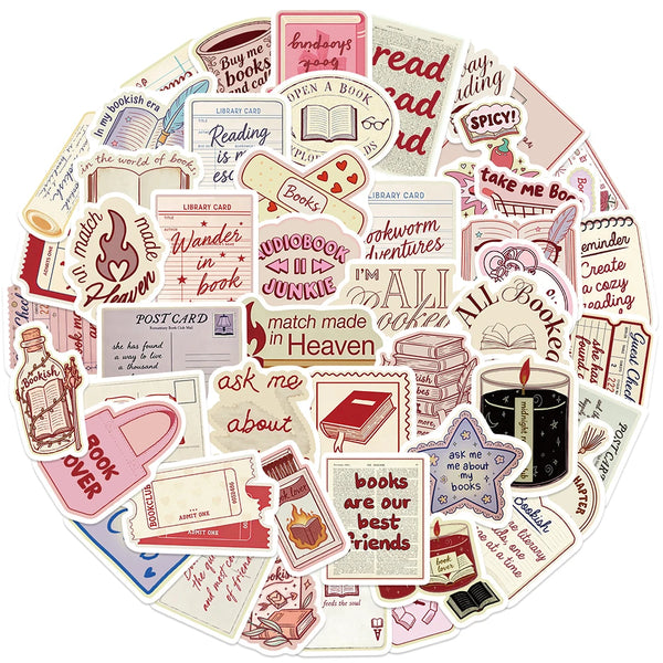 A collection of colorful, hand-drawn bookish aesthetic graffiti stickers featuring words like read books and wandering in boo