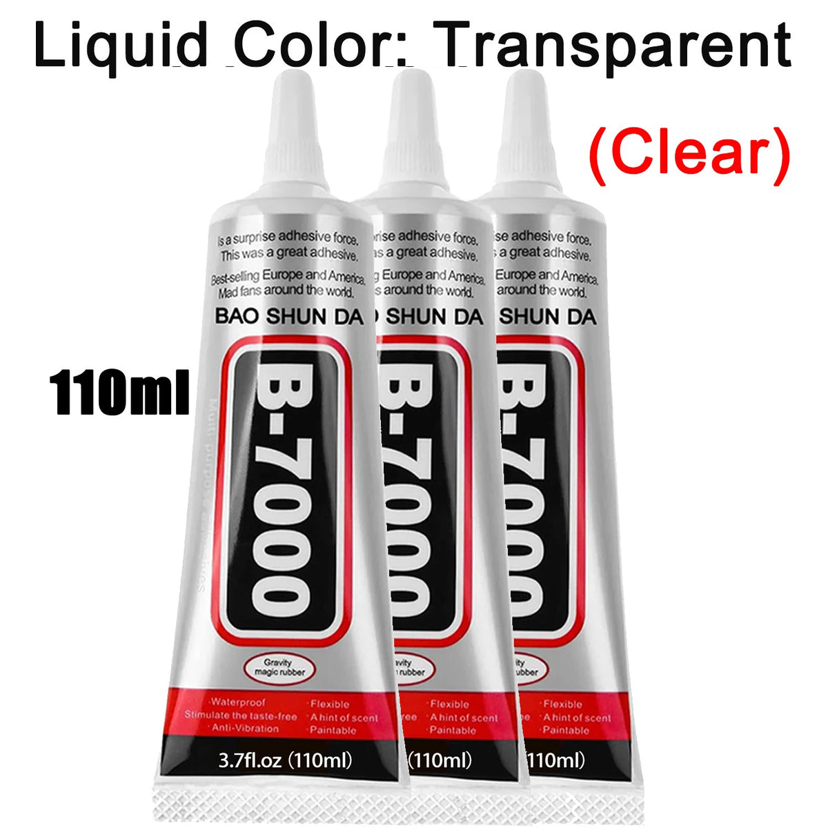 A bottle of clear liquid craft adhesive labeled B-7000 for use in epoxy and glue projects.
