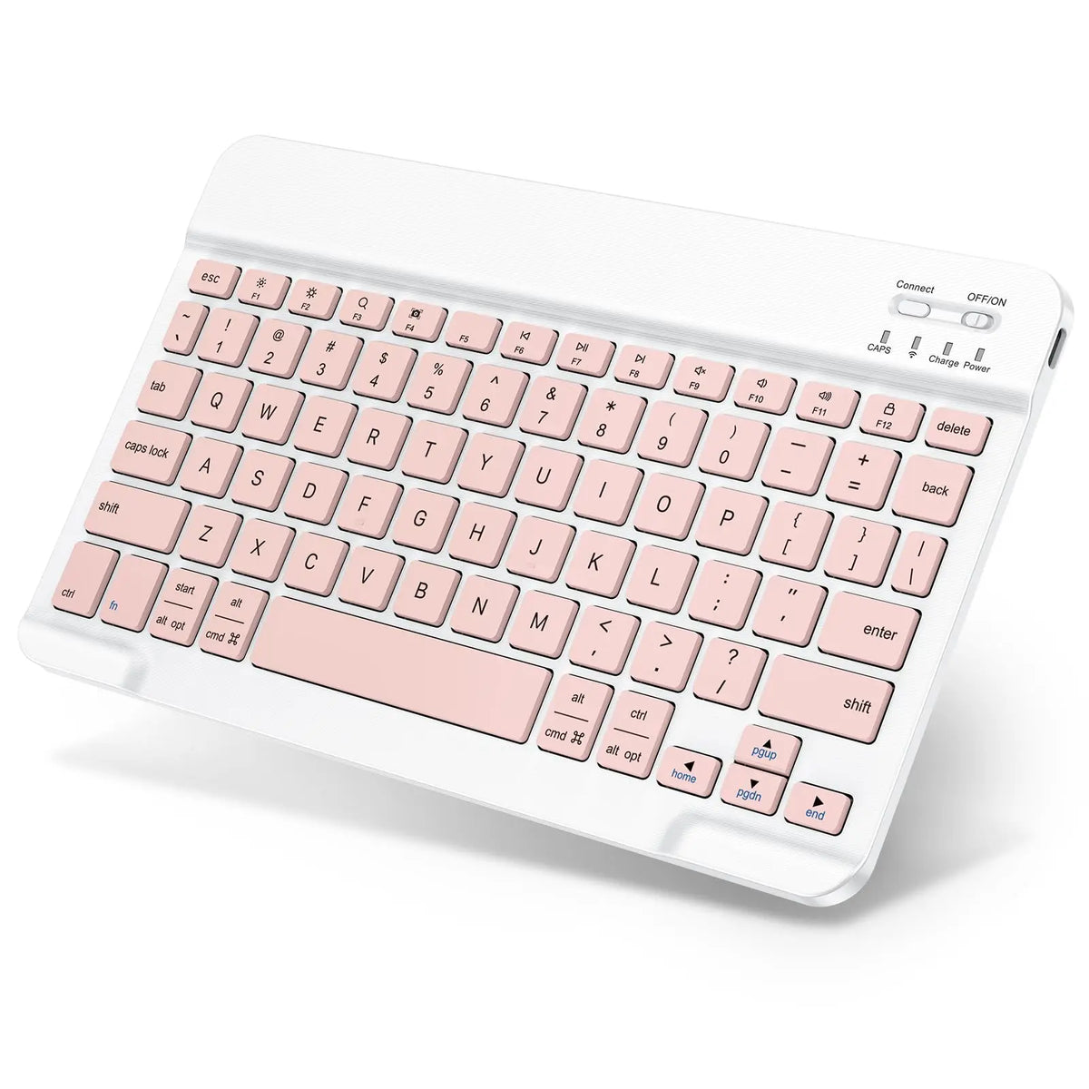 Weiße Mini-Bluetooth-Tastatur und Maus-Kombination mit rosa Akzenten von oben.
