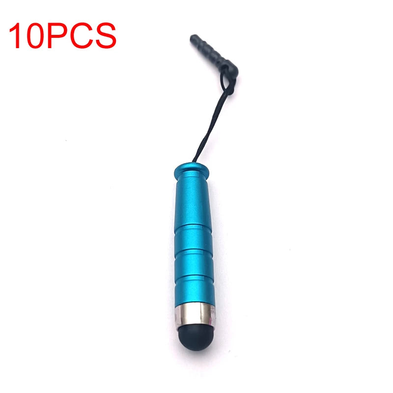 Ten fine point stylus pens with blue and silver bodies and black tips