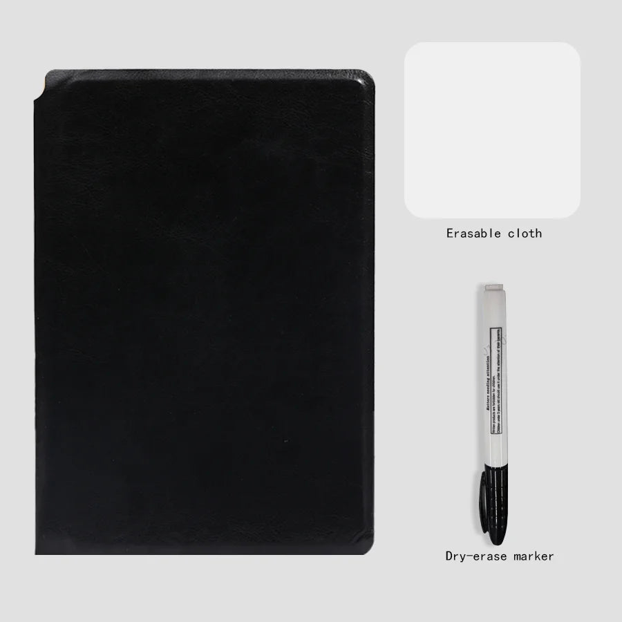 A black cover notebook with an erasable cloth and a dry-erase marker shown next to it.