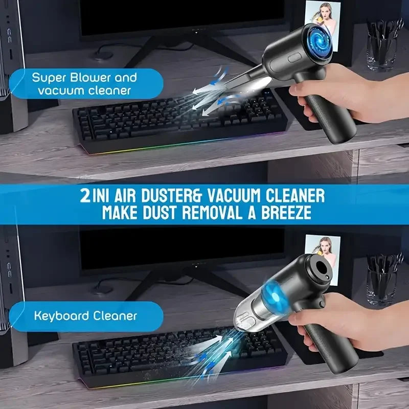 A hand uses a 2-in-1 air duster and vacuum cleaner to clean dust from a computer keyboard.