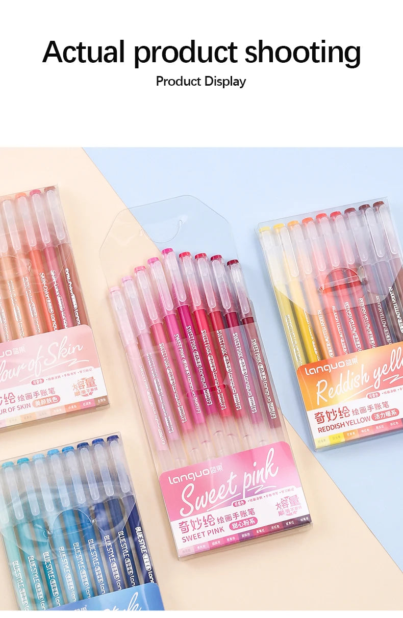 A collection of colorful Morandi Gel Pens in various shades including pink and yellow, displayed for product photography.
