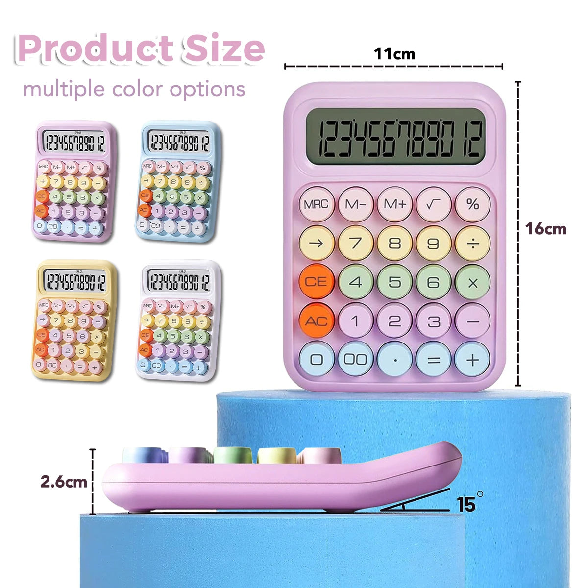 A pink 12-digit desktop calculator with multiple color options is shown on a blue surface.