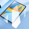 A clear tempered glass screen protector is shown on a Fire HD 10 tablet, displaying colorful abstract graphics.