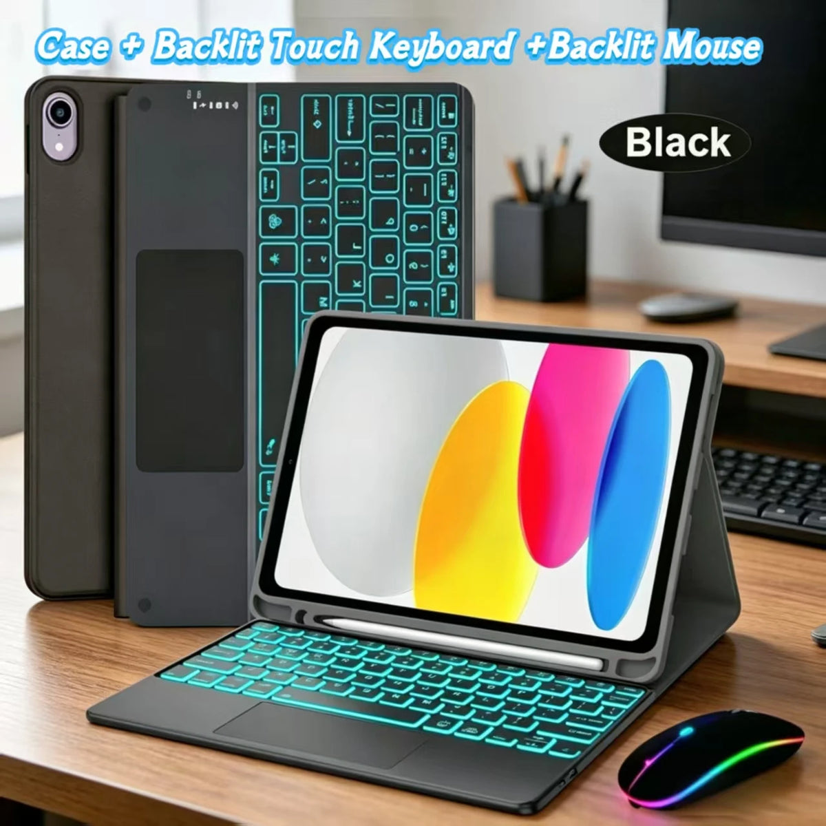 A black universal Bluetooth keyboard case and backlit mouse are shown next to an iPad.