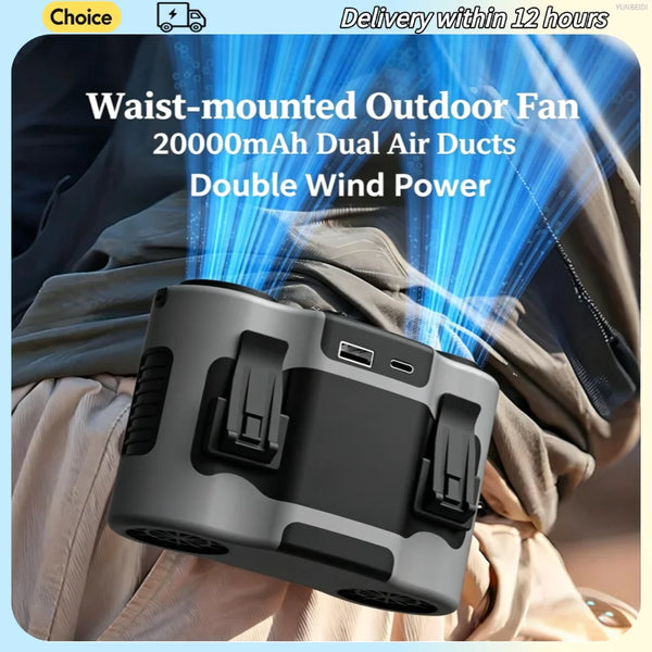 Un ventilateur extérieur noir fixé à la taille avec doubles conduits d'air, accroché à un vêtement.
