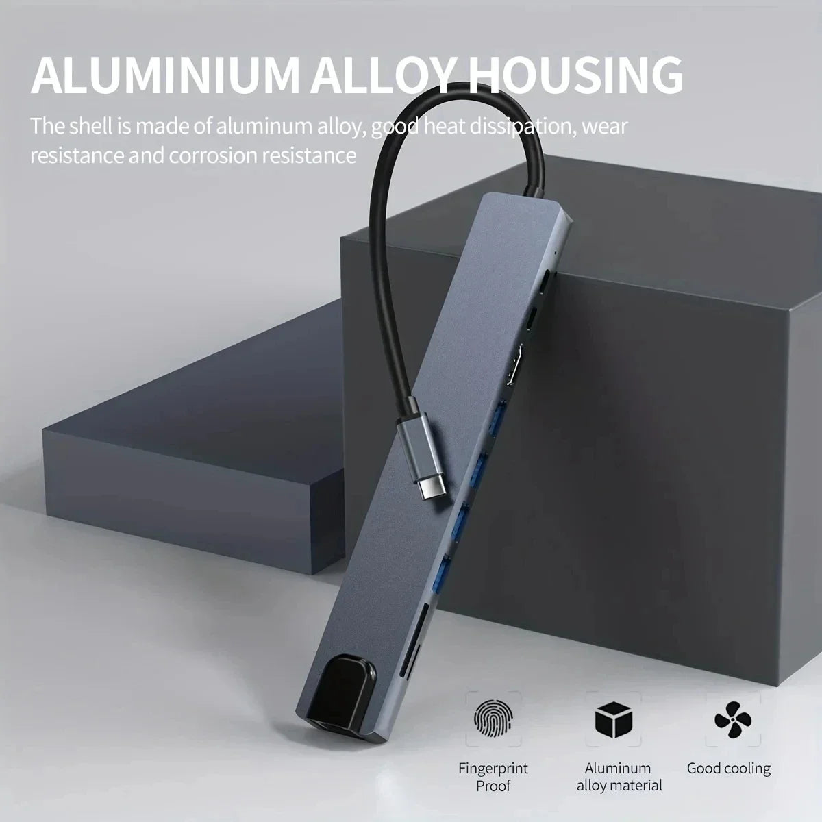 A slim aluminum alloy housing for a multi-port USB-C docking hub with fingerprint proof and good cooling features.