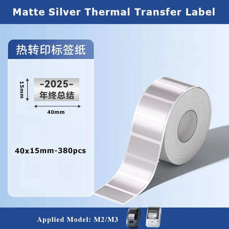 Roll of matte silver thermal transfer labels with a 40mm width and 15mm height for M2/M3 models