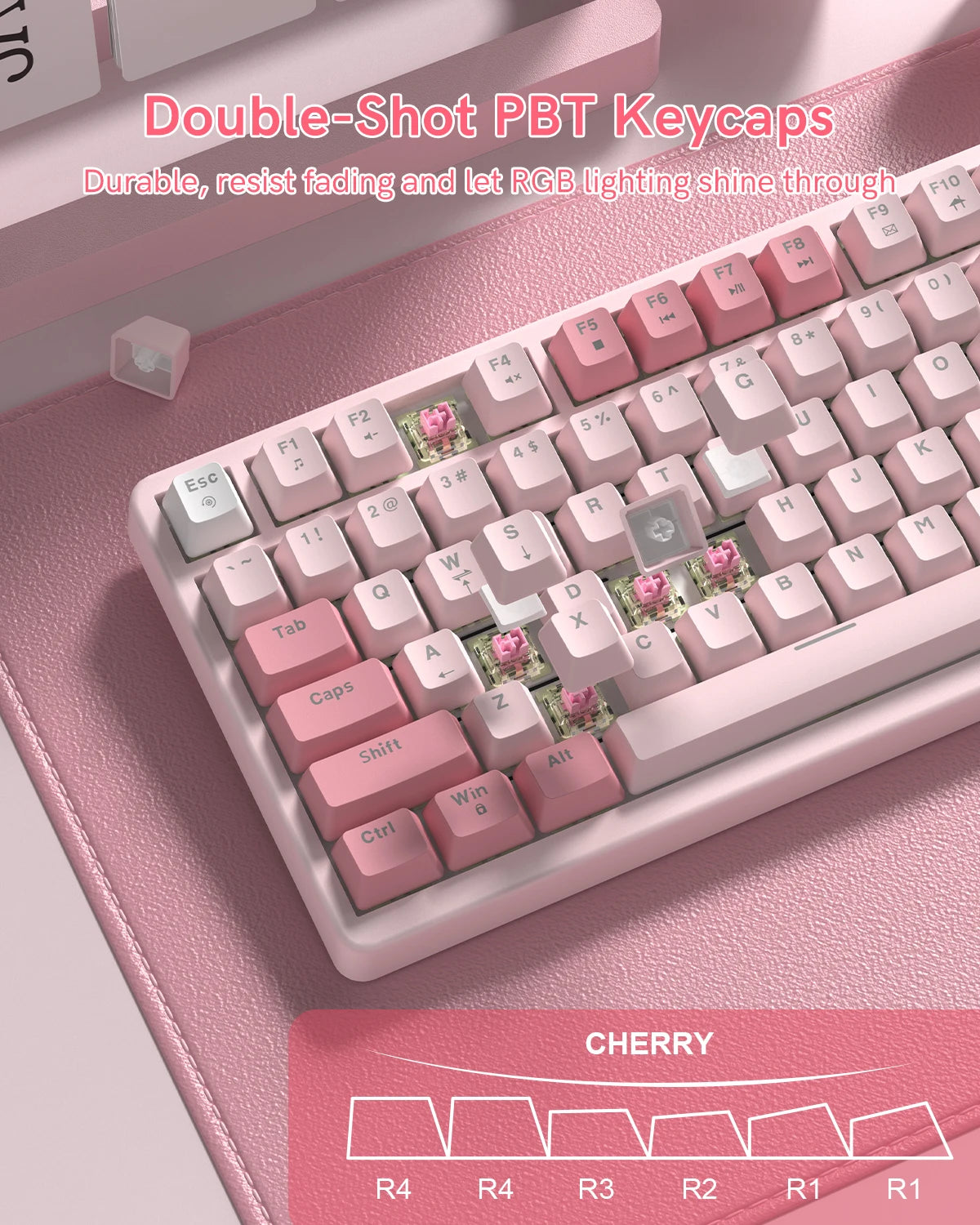 A close-up of a pink mechanical keyboard featuring durable double-shot PBT keycaps and RGB lighting.