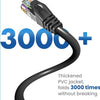 Schwarzes, robustes Ethernet-Kabel mit Stecker und Text, dass es 3000 Mal falten kann, ohne zu brechen.