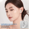 A close-up of a woman wearing white true wireless earbuds, demonstrating comfort and clarity.
