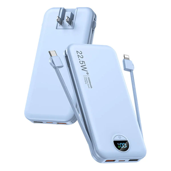 Una batería portátil azul claro con estuche protector y cables de carga