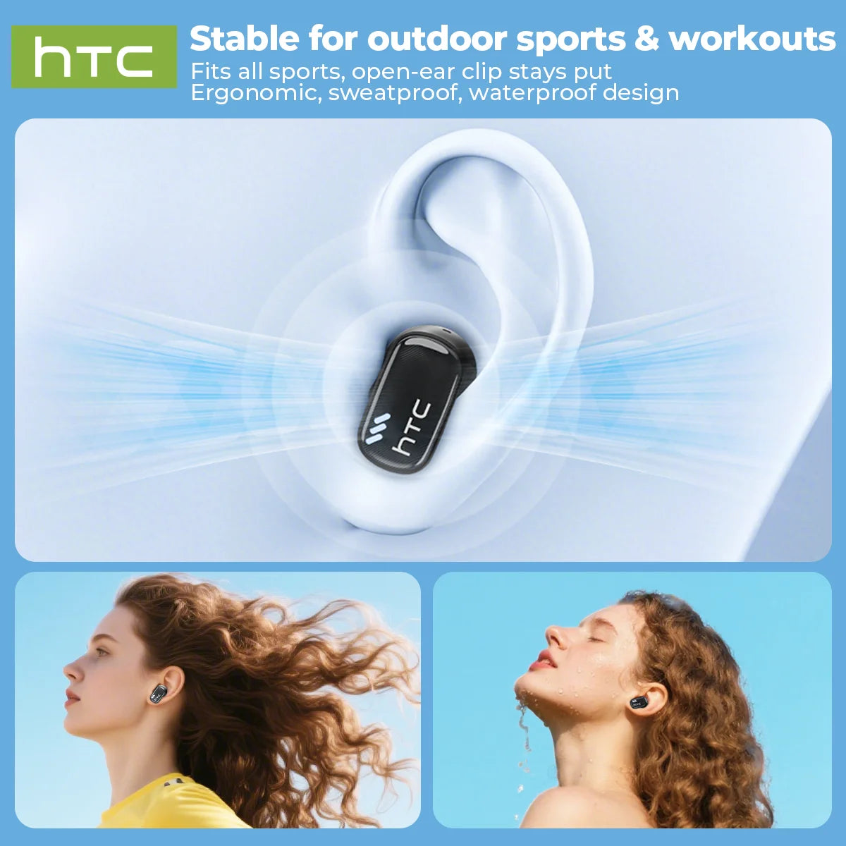 White HTC earbuds shown in use by women for outdoor sports and workouts