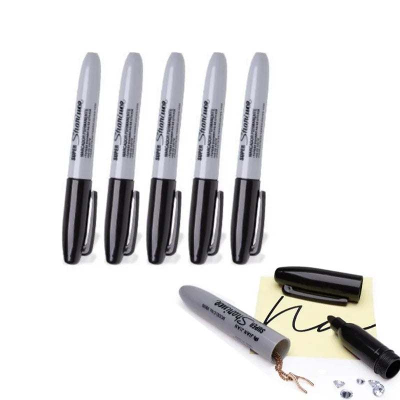 A set of five black marker pens with hidden compartments displayed on a white background.