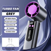 A silver handheld turbo fan with a purple blade is shown against a purple background.