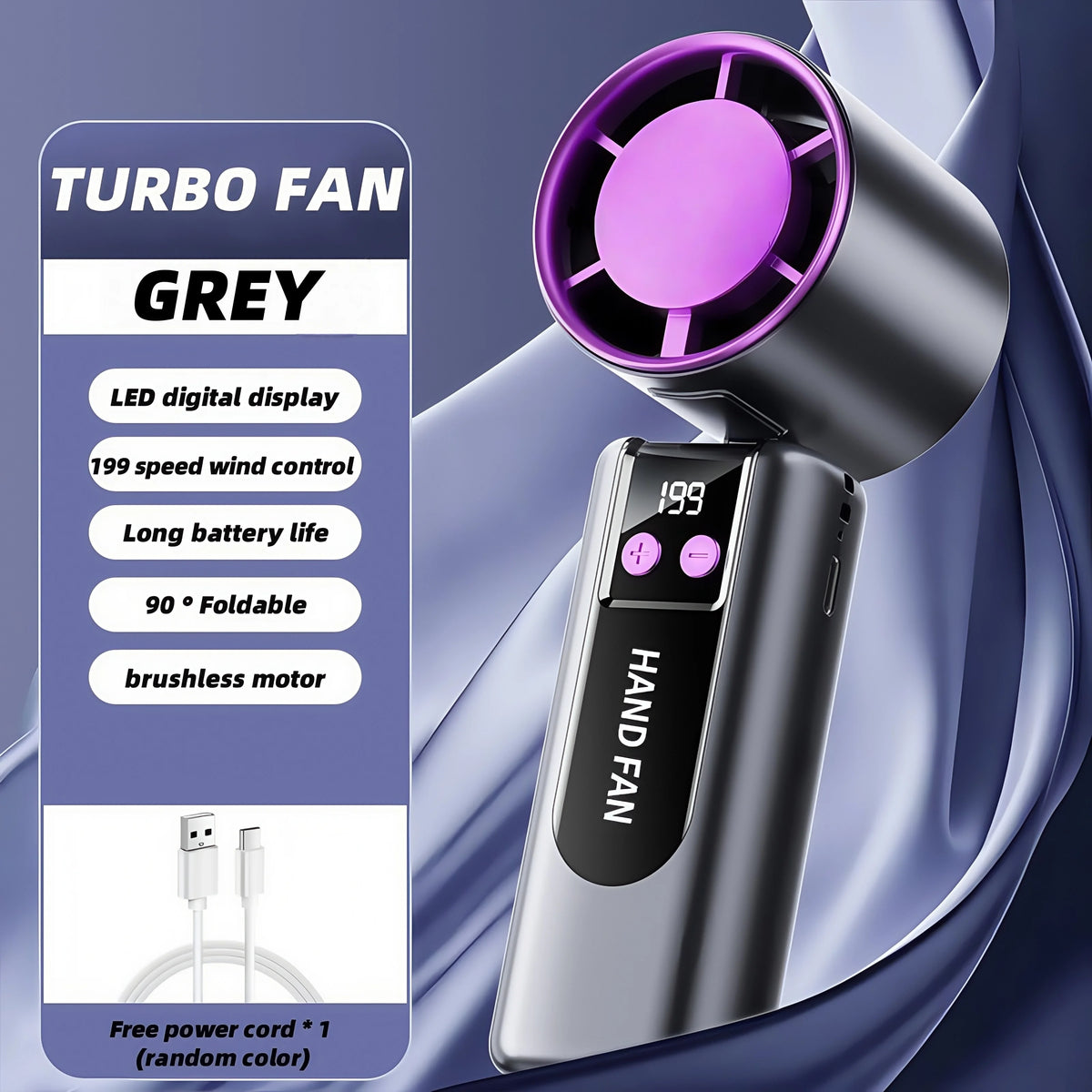 A silver handheld turbo fan with a purple blade is shown against a purple background.