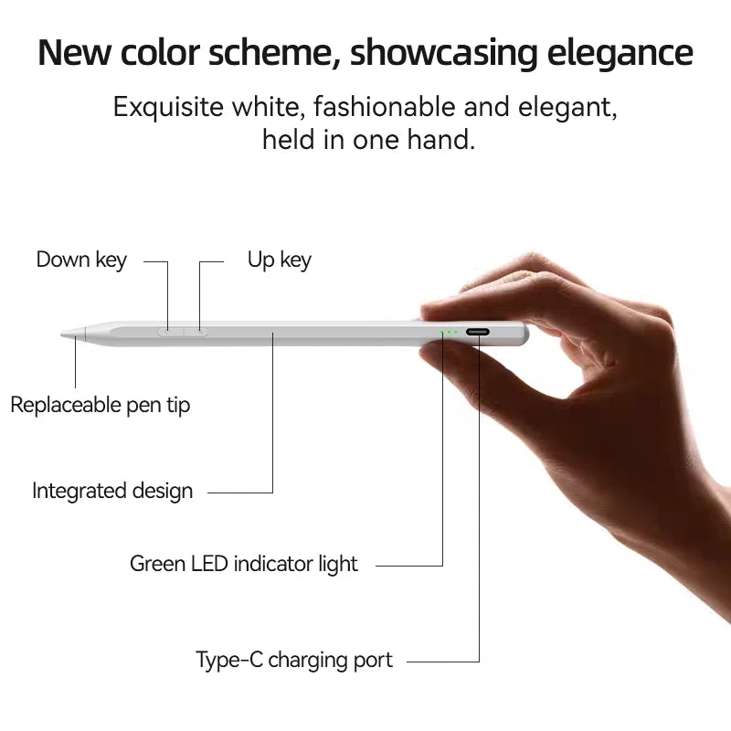 A hand holds a sleek, white precision stylus with integrated design features and a Type-C charging port.