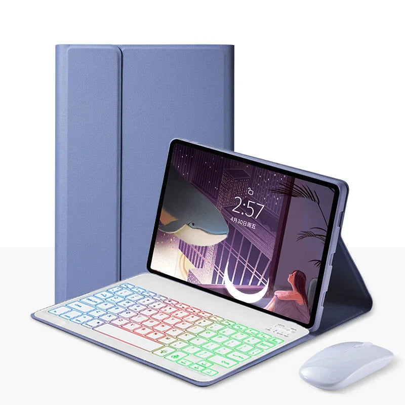 A purple backlit keyboard case for an Honor Pad 10 Pro tablet is shown next to its corresponding keyboard and mouse.