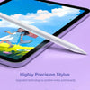 A white precision stylus pen is shown resting across a purple iPad displaying a bright blue sky and clouds.
