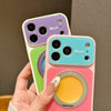 A hand holds a pink phone case with multiple camera lenses and a magnetic ring stand attachment.