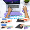 Comparison showing before and after use of an ergonomic memory foam wrist rest pad for a computer mouse and keyboard.
