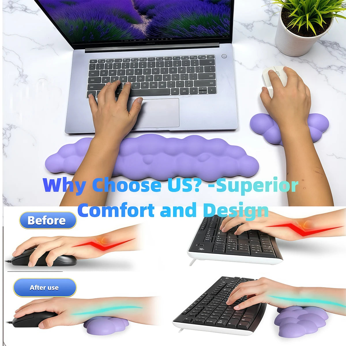 Comparison showing before and after use of an ergonomic memory foam wrist rest pad for a computer mouse and keyboard.