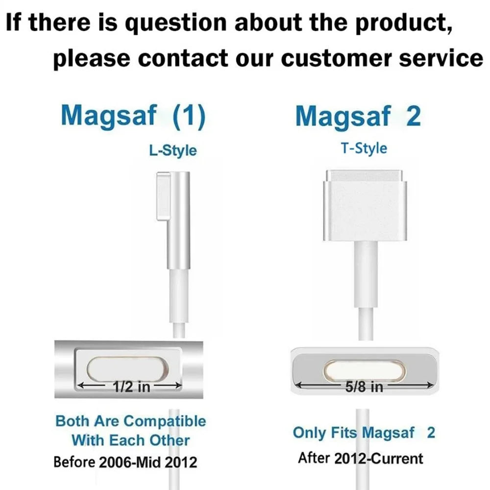 Comparison of two Magsaf products L-Style and T-Style power adapters with size specifications