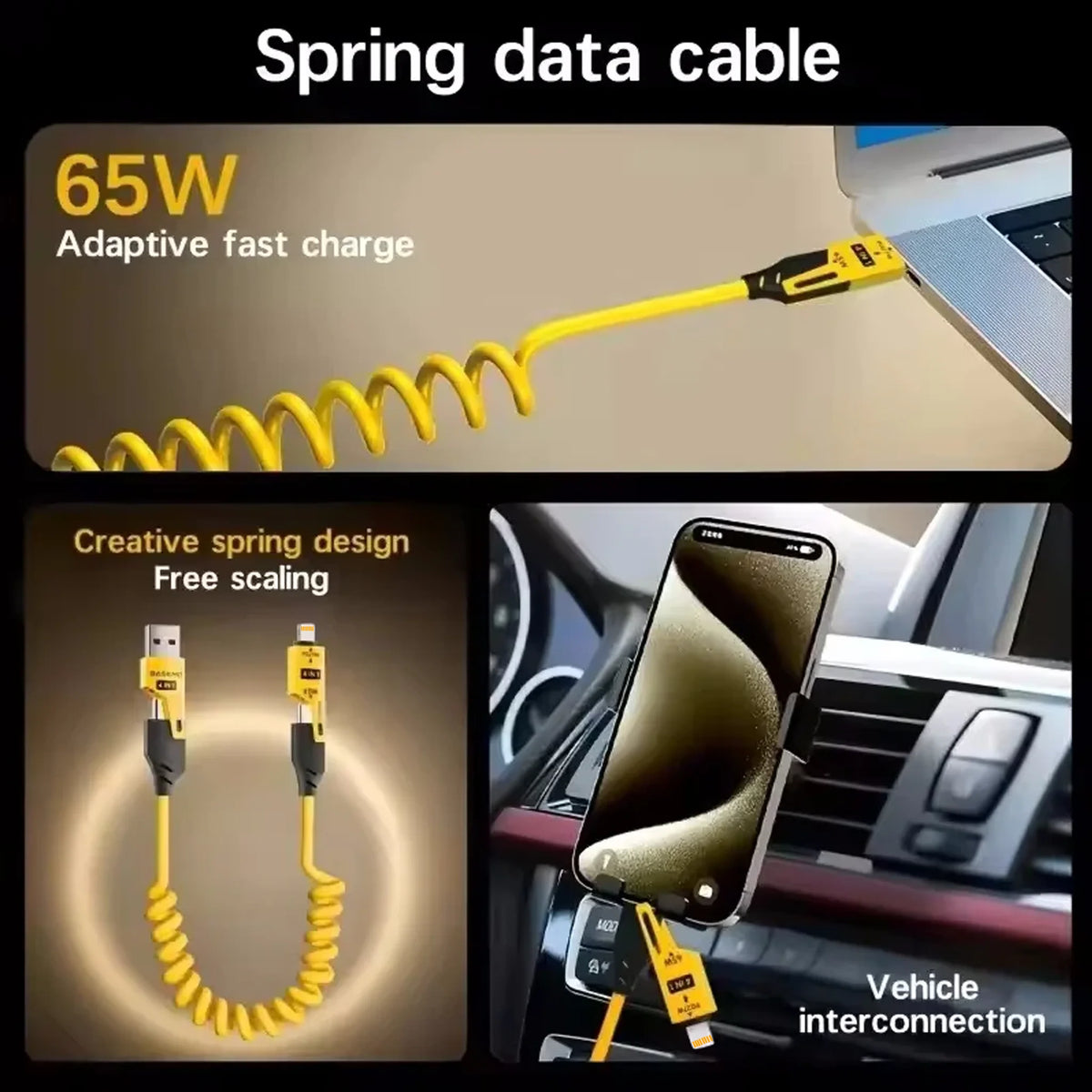 A yellow spring data cable with a 65W adapter is shown connecting to a vehicle for interconnection.