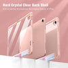 Three pink hard crystal clear back shells for iPads displayed against a light background.