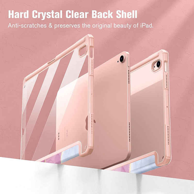 Three pink hard crystal clear back shells for iPads displayed against a light background.