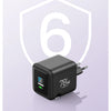 A black 70W GaN fast charger with a retractable USB-C cable, showing six safety protections.