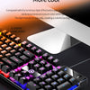 Close-up of a black mechanical keyboard with purple and blue backlight effects, showing the key switches and a light switch.