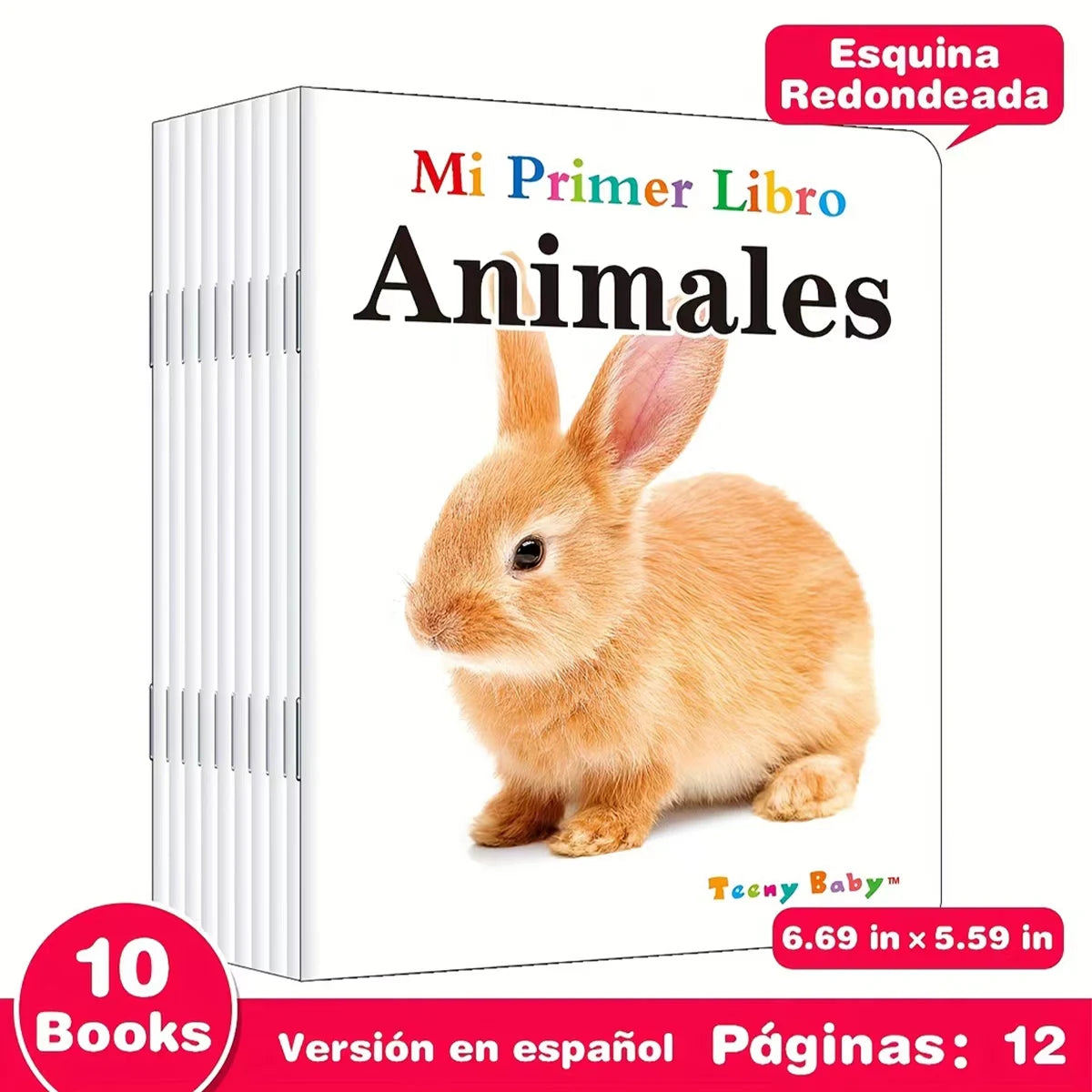 Eine Box des Buches 'Mi Primer Libro Animales' mit einer Hasenillustration