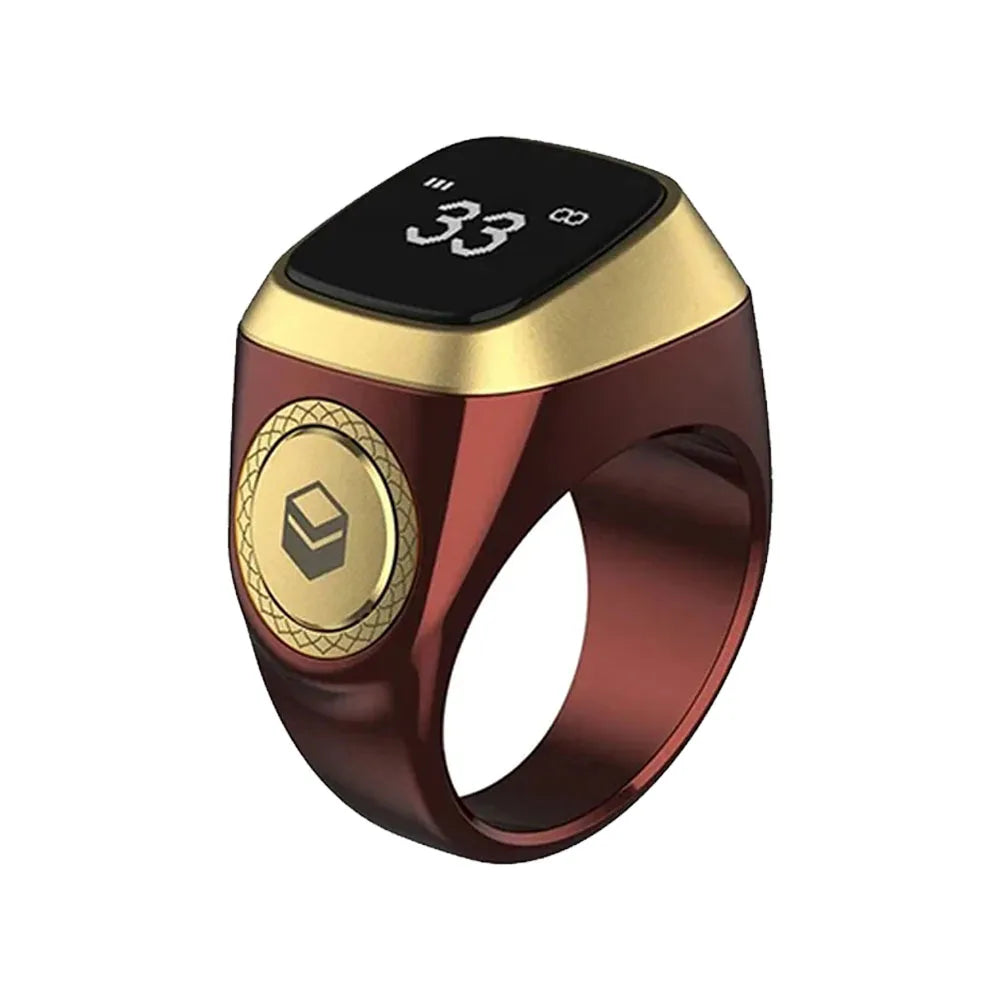 A close-up of a digital ring with a black display showing 33 and a gold-colored band.